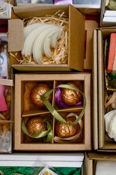 A close-up of gift sets with designer soaps and bath bombs Stock Photos