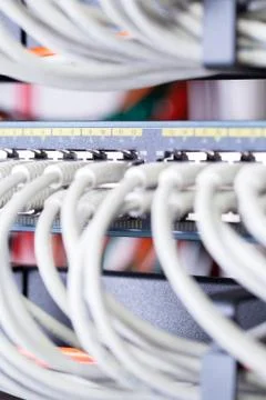 Close-up of gigabit network switch and cables in datacenter Stock Photos