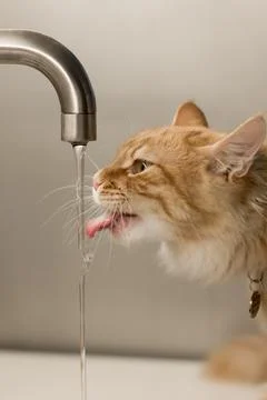 A close-up of a ginger cat drinking water from a faucet Stock Photos