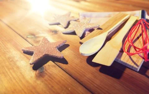Close up of gingerbread and baking kitchenware set Stock Photos
