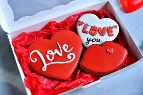 Close-up gingerbread in a box in the form of baked hearts for Valentine's day Stock Photos