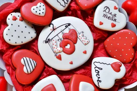 Close-up gingerbread in a box in the form of baked hearts for Valentine's day Stock Photos