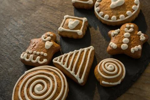 Close up of gingerbread cookies on slate Stock Photos