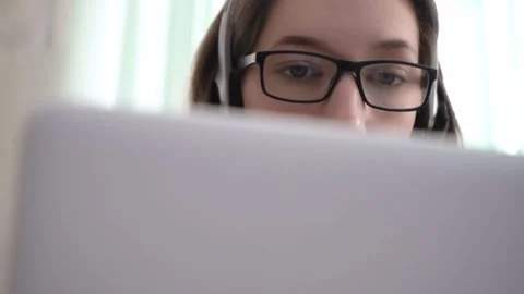 Close-up girl call center operator sells services. Stock Footage 181555879
