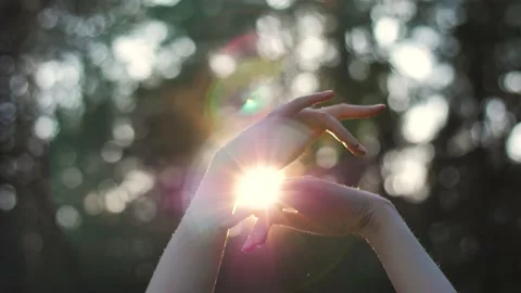 Close up girl dancing with her arms to sun against background on forest Stock Footage 237456354