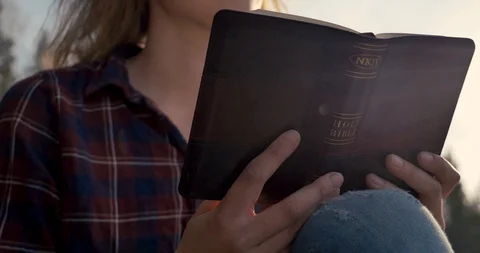 Close up of a girl reading The Bible in a forest on a sunny day. Lens Stock Footage 107391353
