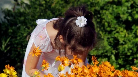Close Up of a Girl Smelling Yellow and Orange Flowers Video stock 96466853