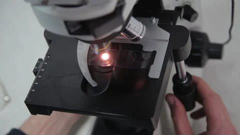 Close-up. glass in the analysis on a microscope. sample. laboratory assistant Video stock 132251742