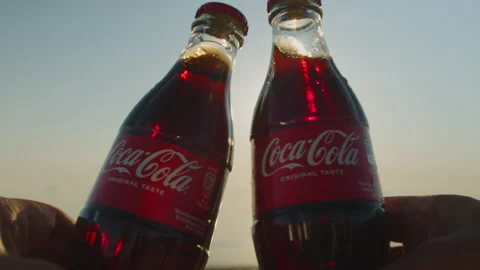 Close-up of glass bottles clinking against backdrop sea at sunset or sunrise. Stock Footage 201152880