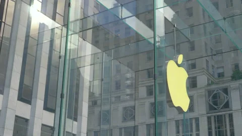 Close-up on glass cube in front of Apple Inc. headquarters Video stock 146663693