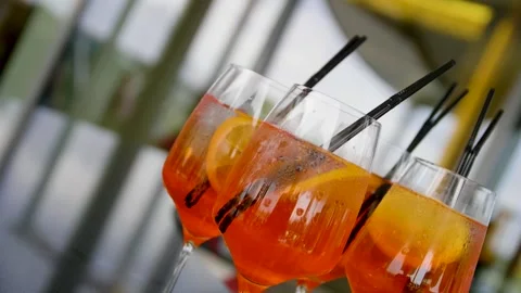 Close-up of glasses of cocktails on a buffet table in a restaurant. Stock Footage 277404577