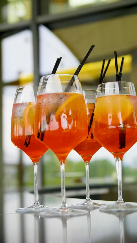 Close-up of glasses of cocktails on a buffet table in a restaurant. Stock Footage 277406076