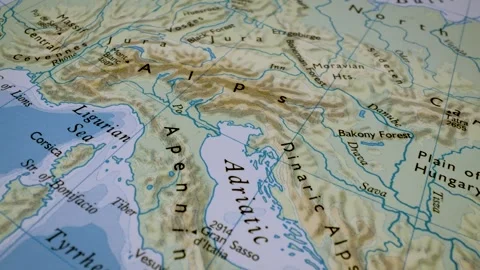 Close up gliding shot from the apennines to the alps on a relief map Stock Footage 341698908