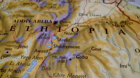 Close up gliding shot toward addis ababa, ethiopia, on a relief map Stock Footage 341699035