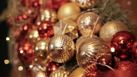 Close up a Glitter Christmas Tree Balls and Decoration Items Stock Footage 295151188