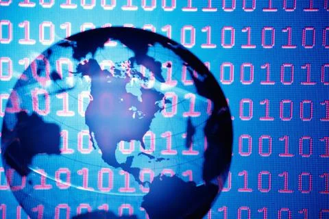 Close up of a globe superimposed over binary code Stock Photos