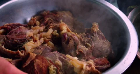 Close-Up of Gloved Chef Hand Taking Cooked Meat for Plov Stock Footage 329666017