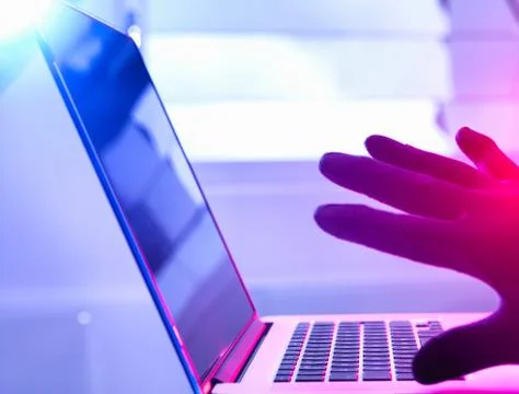 Close up of gloved hand hacking laptop computer Stock Photos