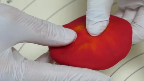Close-up of gloved hands flattening a piece of red playdough Stock Footage 345293458
