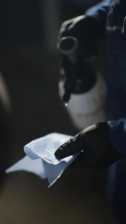 Close-up of gloved hands spraying cleaning solution onto a blue shop towel Stock Footage 334180755