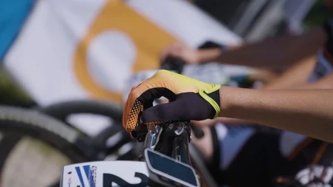 Close up on gloves and hands of mountain bike race Stock Footage 93187231