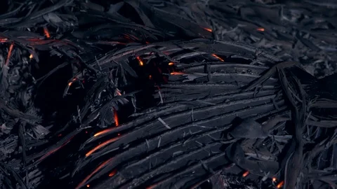 Close up of glowing ashes and smoke from burnt palm leaves in a fireplace Stock Footage 106458981
