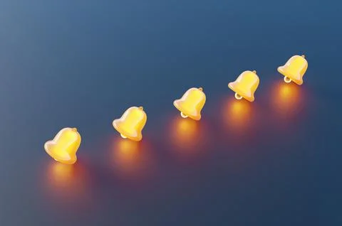 Close-up of glowing bells on blue background. 3d rendering illustration Stock Illustration
