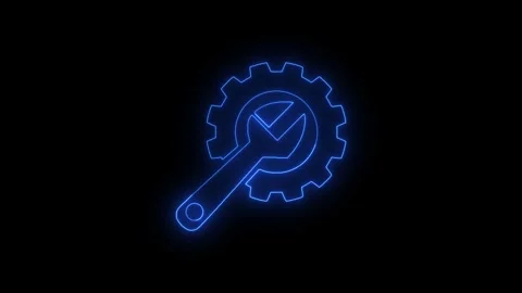 Close-up of a glowing blue gear and wrench icon Stock Footage 345360601