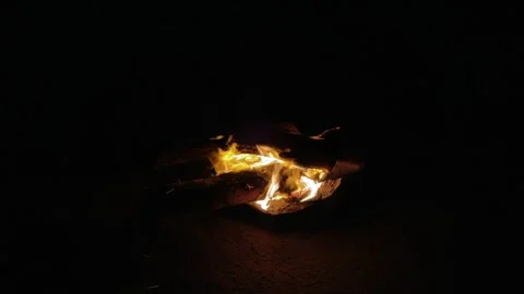 Close Up of Glowing Campfire Burning in Complete Darkness on Desert Beach at 動画素材 341909754