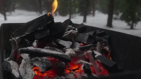 Close Up of Glowing Charcoal and Flame in Fire Pit in Slow Motion Stock Footage 328298726