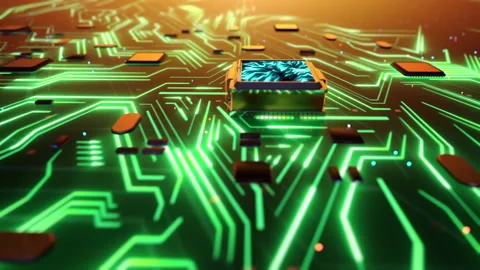 Close-up of a glowing circuit board with microchips Vidéo 328287272