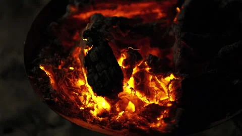 Close-up of glowing embers and red hot charcoal. Full HD. Stock Footage 328644627