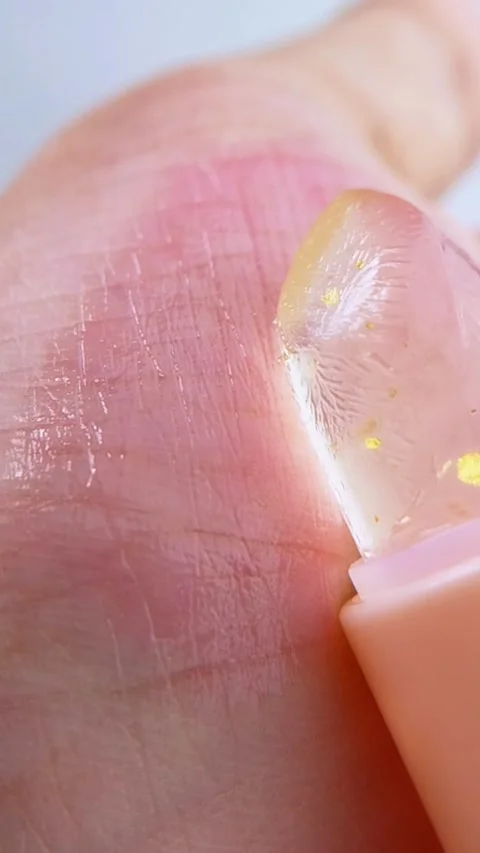 Close up of glowing lip balm and rosy reddish palm skin. Shiny glossy textu.. Stockbeeldmateriaal 339156424