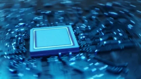 Close-Up of Glowing Microchip on Circuit Board Stock Footage 306193633