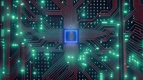 A close-up of glowing microchip with intricate circuitry patterns Stock Footage 308843190