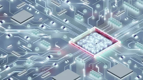 Close up of glowing microprocessor on circuit motherboard with data pulses Stock Footage 339701643