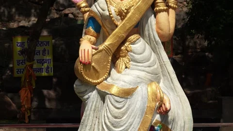 Close-Up of Goddess Saraswati Statue Holding Veena During Religious Festival Stock Footage 339724412