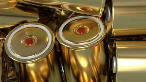 Close-up gold 4680 format cylindrical lithium traction battery for battery .. Foto stock