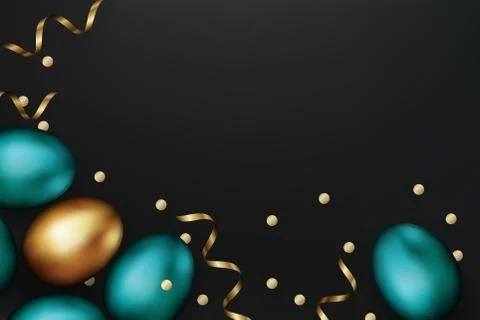 Close up of gold and blue easter eggs on dark background. Easter colorful egg Stock Illustration