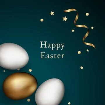 Close up of gold and white easter eggs on dark background. Invitation background Stock Illustration