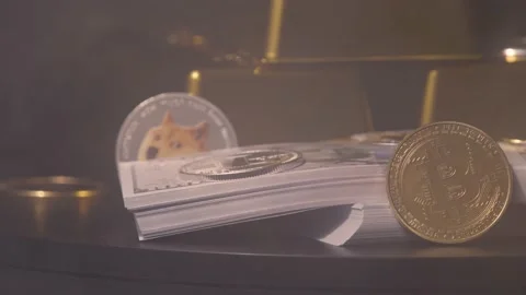 Close up gold bars, cryptocurrency and stacks of one hundred dollar bills Stock Footage 217946202