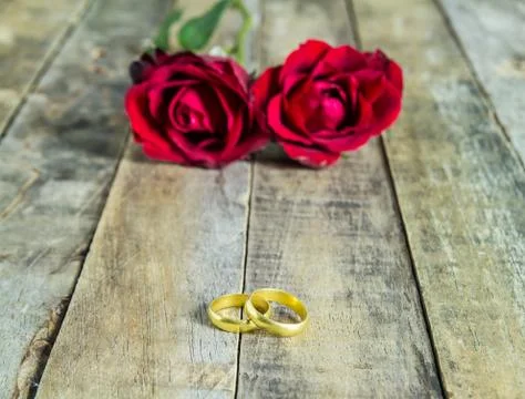 Close up gold ring and red rose on a wooden background Stock Photos