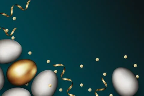 Close up gold white easter eggs on dark background, golden serpentine confetti 스톡 일러스트