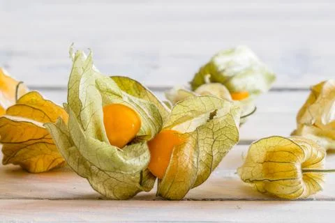 Close-up of golden berries on a table Foto stock