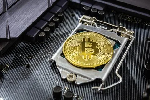 Close up of Golden bitcoin in computer. Crypto Currency concept Stock Photos