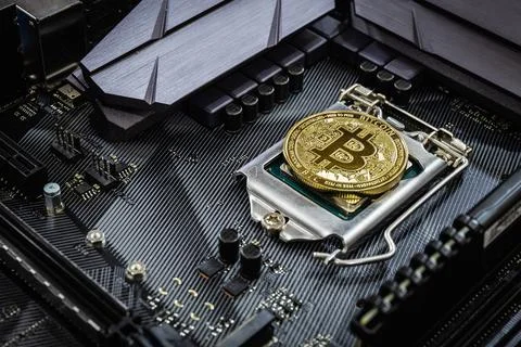 Close up of Golden bitcoin in computer. Crypto Currency concept Stock Photos