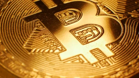 Close Up Golden Bitcoin Rotating Macro Stock Footage 152807497