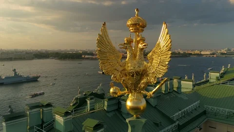 Close golden double-headed eagle roof Winter Palace Hermitage Petersburg Aerial Stock Footage 129502214