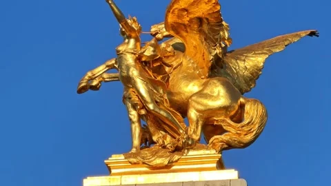 Close up of golden statue on Pont Alexandre III in Paris, France Stock Footage 336251188