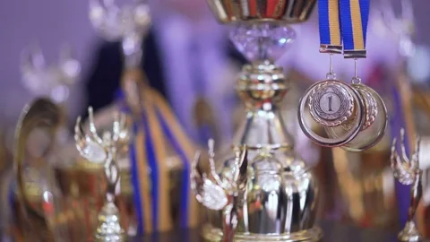 Close up of golden trophies on competition in 4K Stock Footage